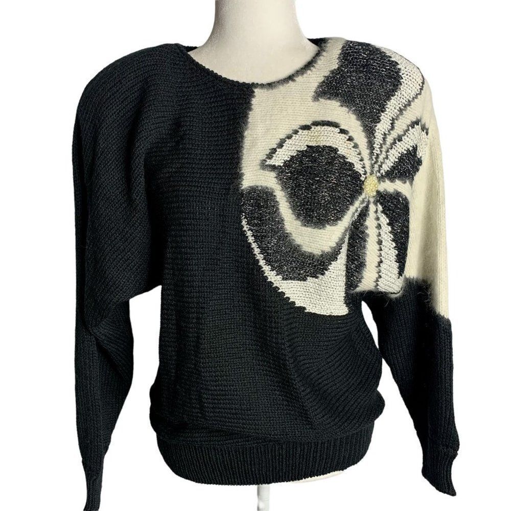 Vintage 80s Angora Knit Pullover Sweater M Black Beaded Shoulder Pads